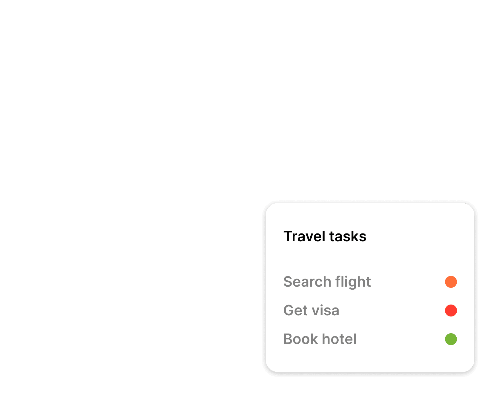 Examples on what you can put into the tasks section under the Travous travel planning platform, for example, search flight, get visa, book hotel.